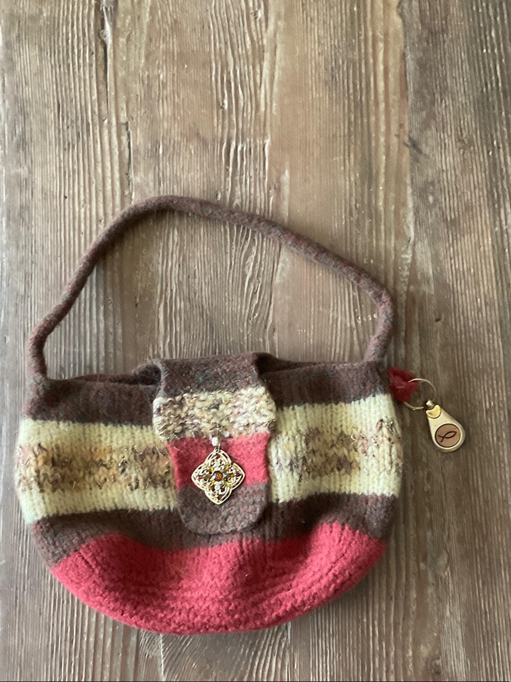 Striped Wool-Blend Shoulder Bag in Red, Brown and Cream